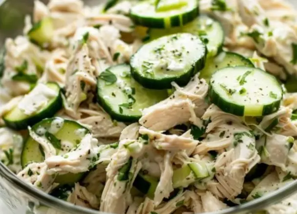 2 cups of cooked and shredded chicken Greek yoghurt, one cup Minced and coarsely chopped cucumber, one Chop 2 teaspoons of fresh dill. Lime juice, 2 teaspoons 1 minced clove of garlic Sprinkle with salt and pepper as desired. Finely chop 1/4 cup of red onion. Chop 1/4 cup of Kalamata olives (if desired)