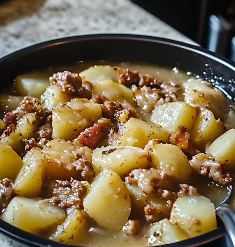 Fried Potatoes With Green Chile Poured Fried Potatoes With Green Chile Poured