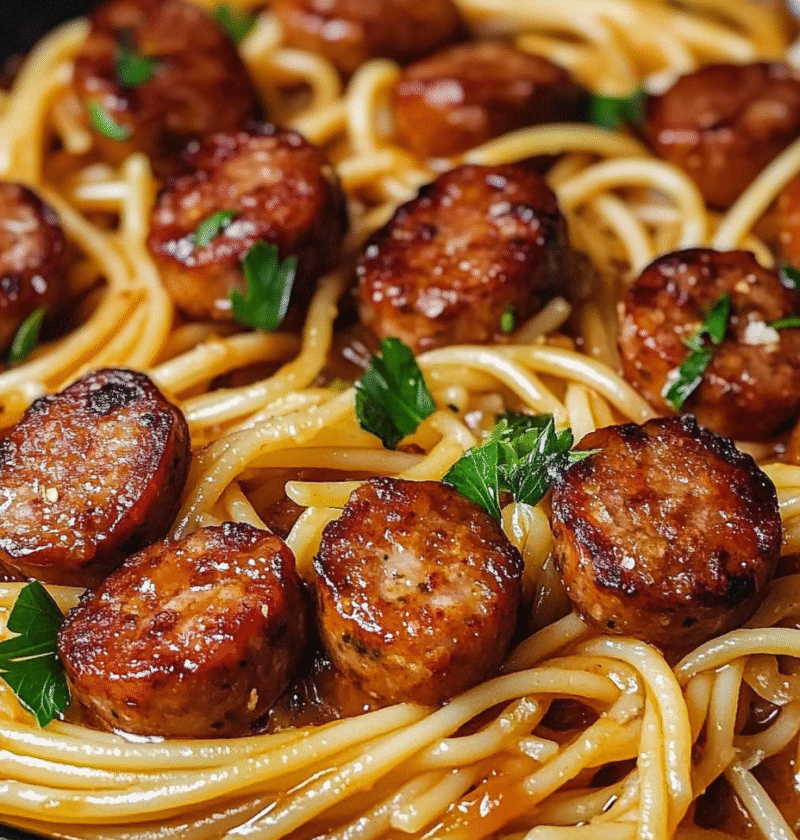 Sticky Honey Garlic Sausage Pasta Skillet
