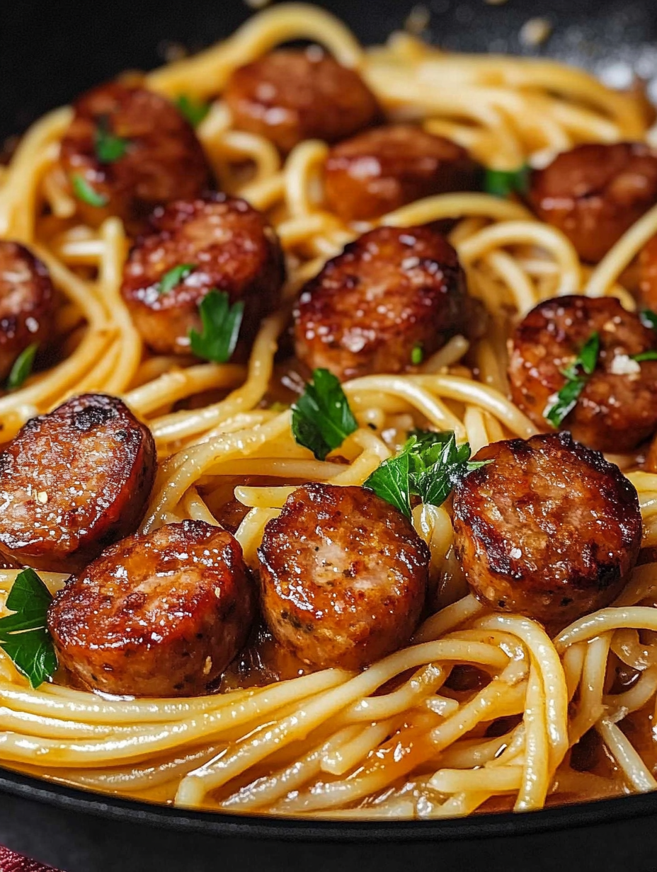 Sticky Honey Garlic Sausage Pasta Skillet