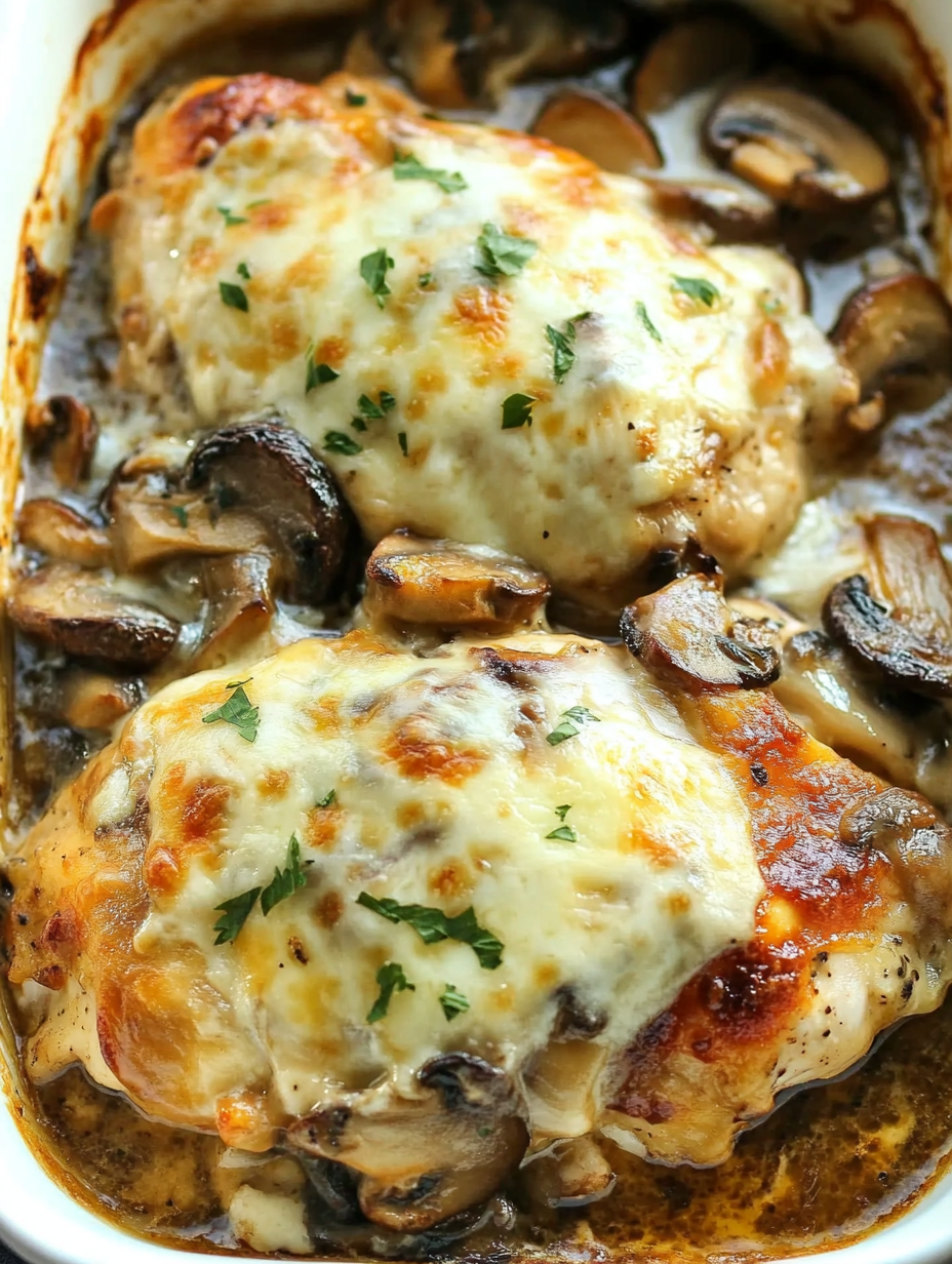 Smothered Cheesy Baked Chicken with Mushrooms