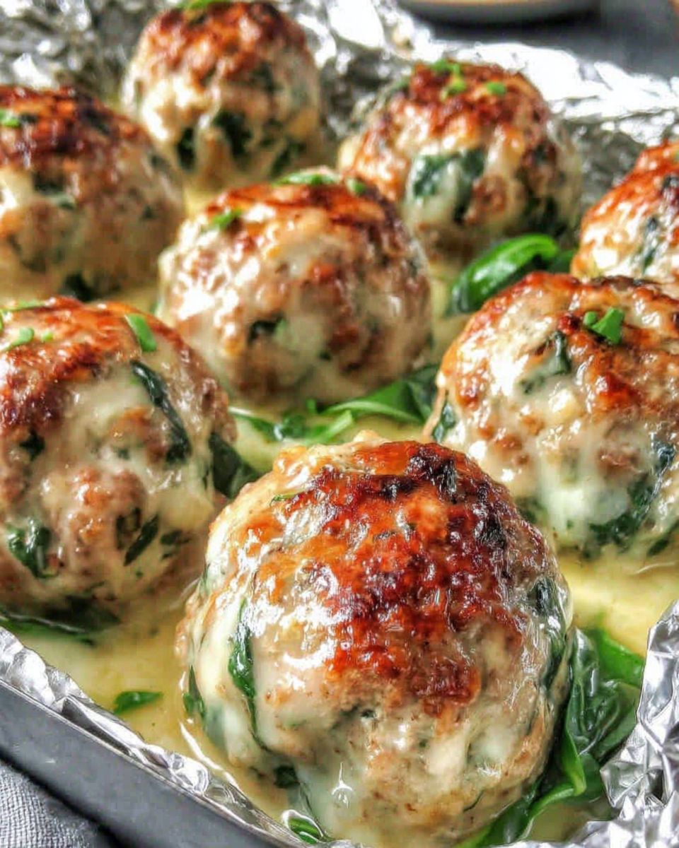 Baked chicken meatballs in creamy spinach sauce
