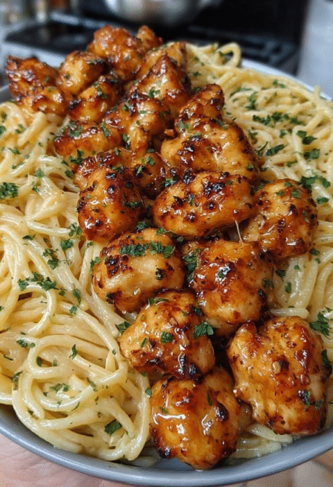 Creamy Garlic Parmesan Pasta with Honey Glazed Chicken