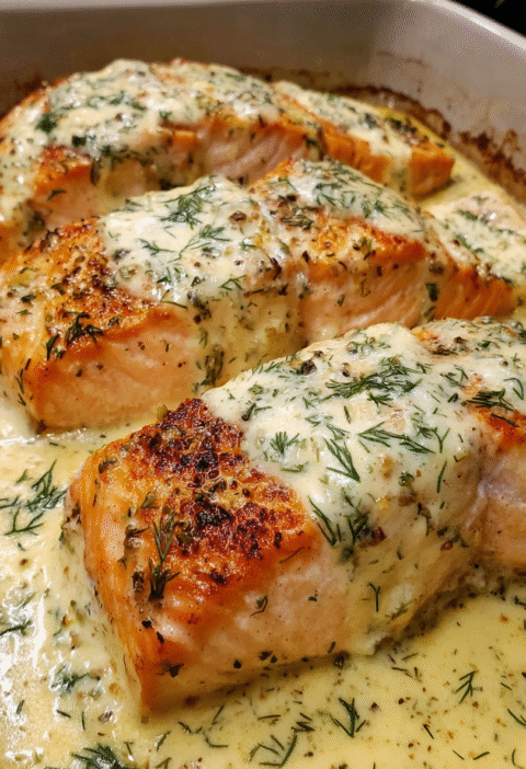 Baked salmon with dill cream sauce