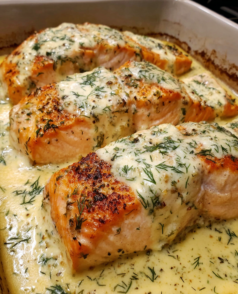 Baked salmon with dill cream sauce