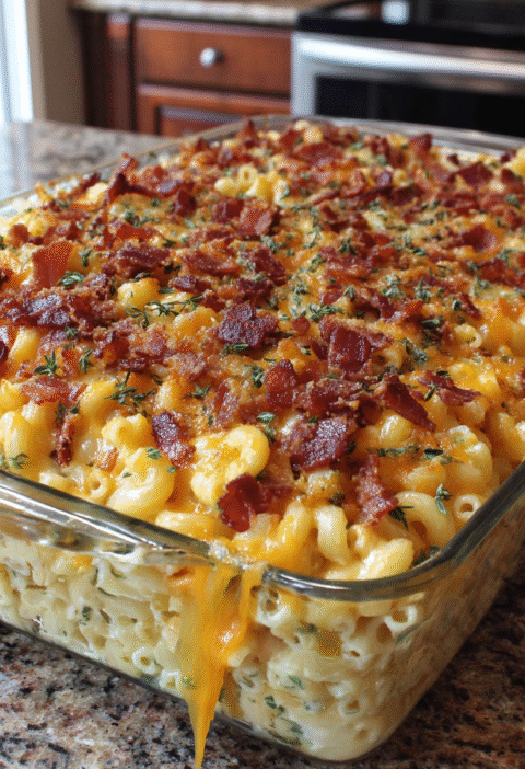 Baked macaroni and cheese with bacon