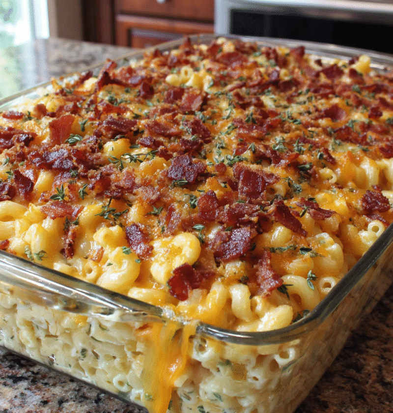Baked macaroni and cheese with bacon