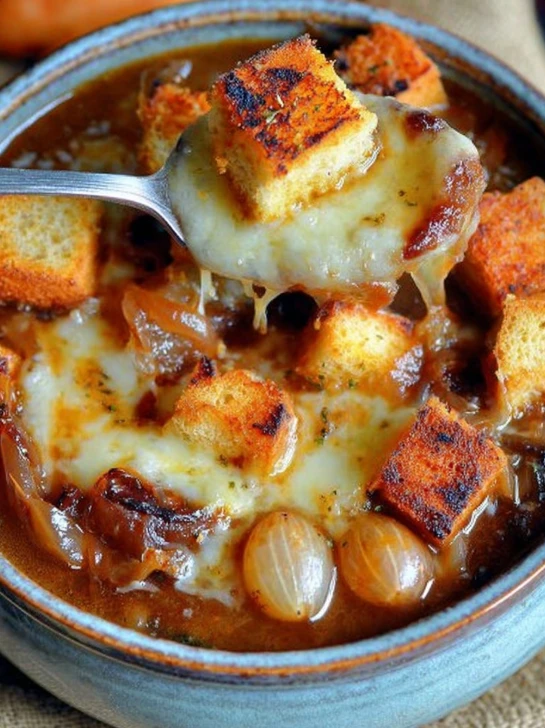 French Pearl Onion Soup with Caramelized Onions & Gruyère Crust