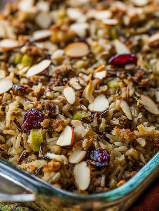 Easy Minnesota Wild Rice Dressing with sausage, mushrooms & cranberries