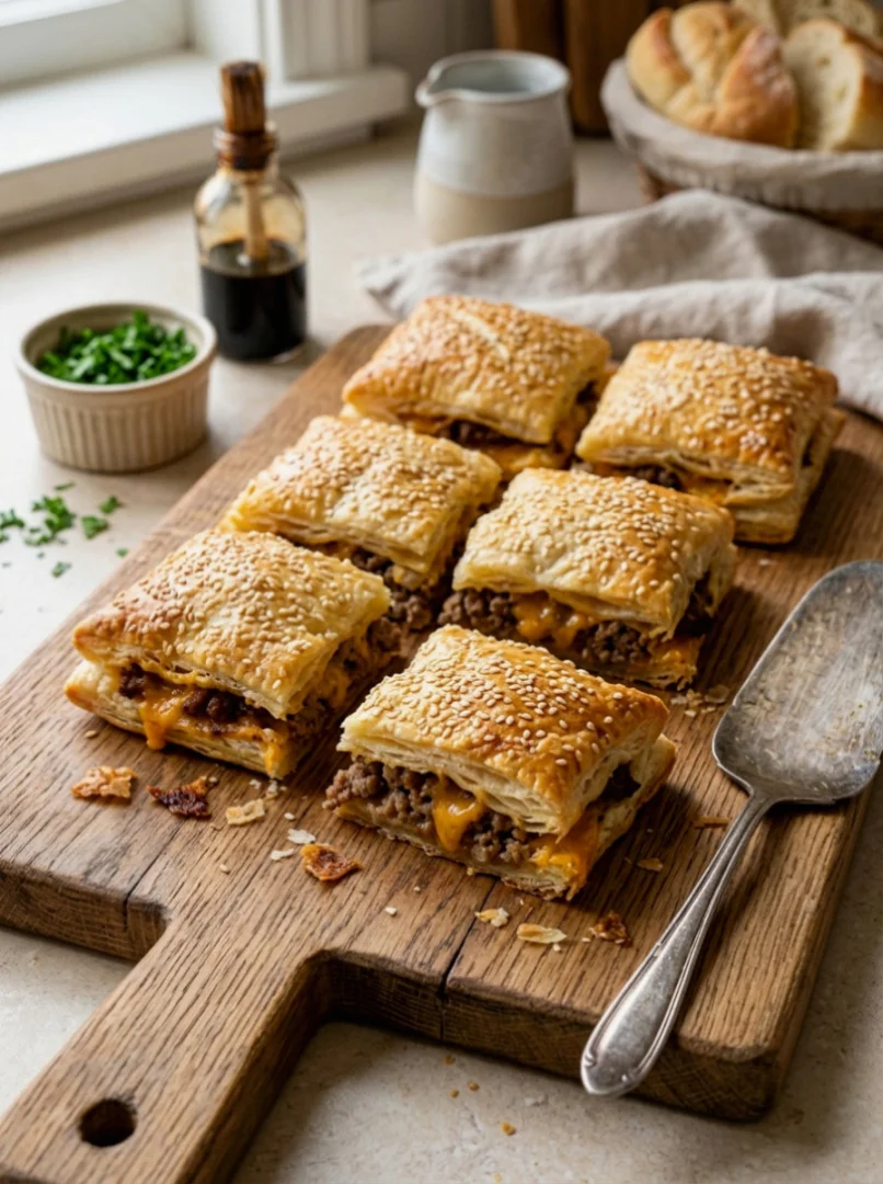 Cheesy Beef Puff Pastry Squares