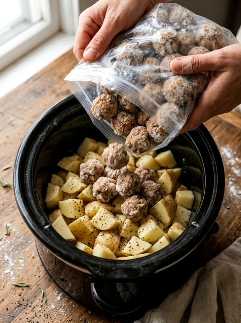 Meatballs and Potatoes in Slow Cooker